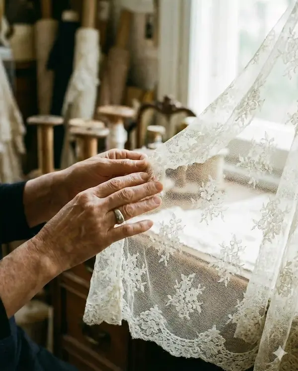 Hands touching luxury lace fabric